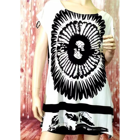 Emilio Pepe Italy Graphic Flower Asymmetrical Hem Adjustable Short Sleeve Top L - Picture 13 of 16